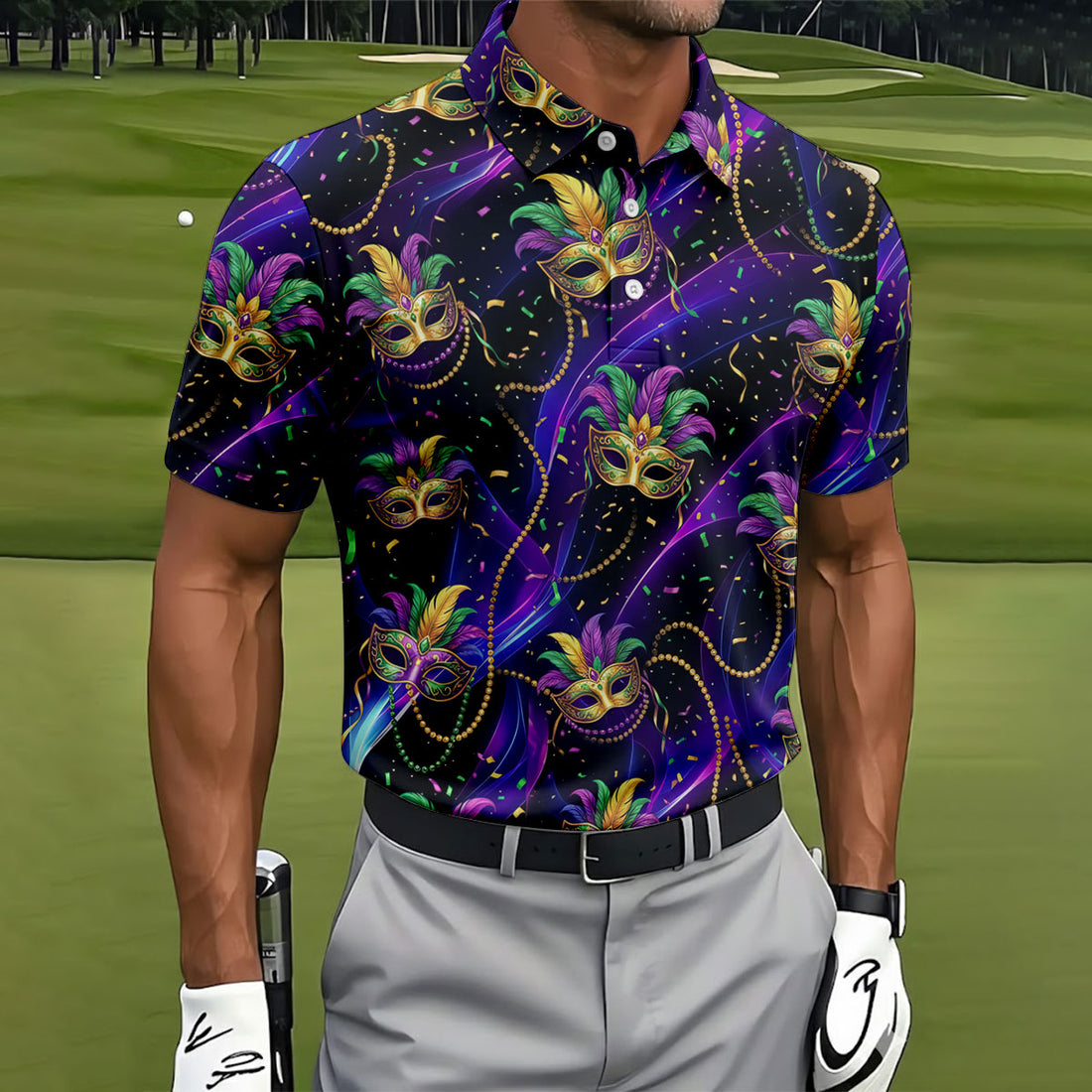 Mardi Gras Carnival Mask Neon Purple Black Golf Shirt, Men's Golf Polo Shirts, Golf Shirts For Men
