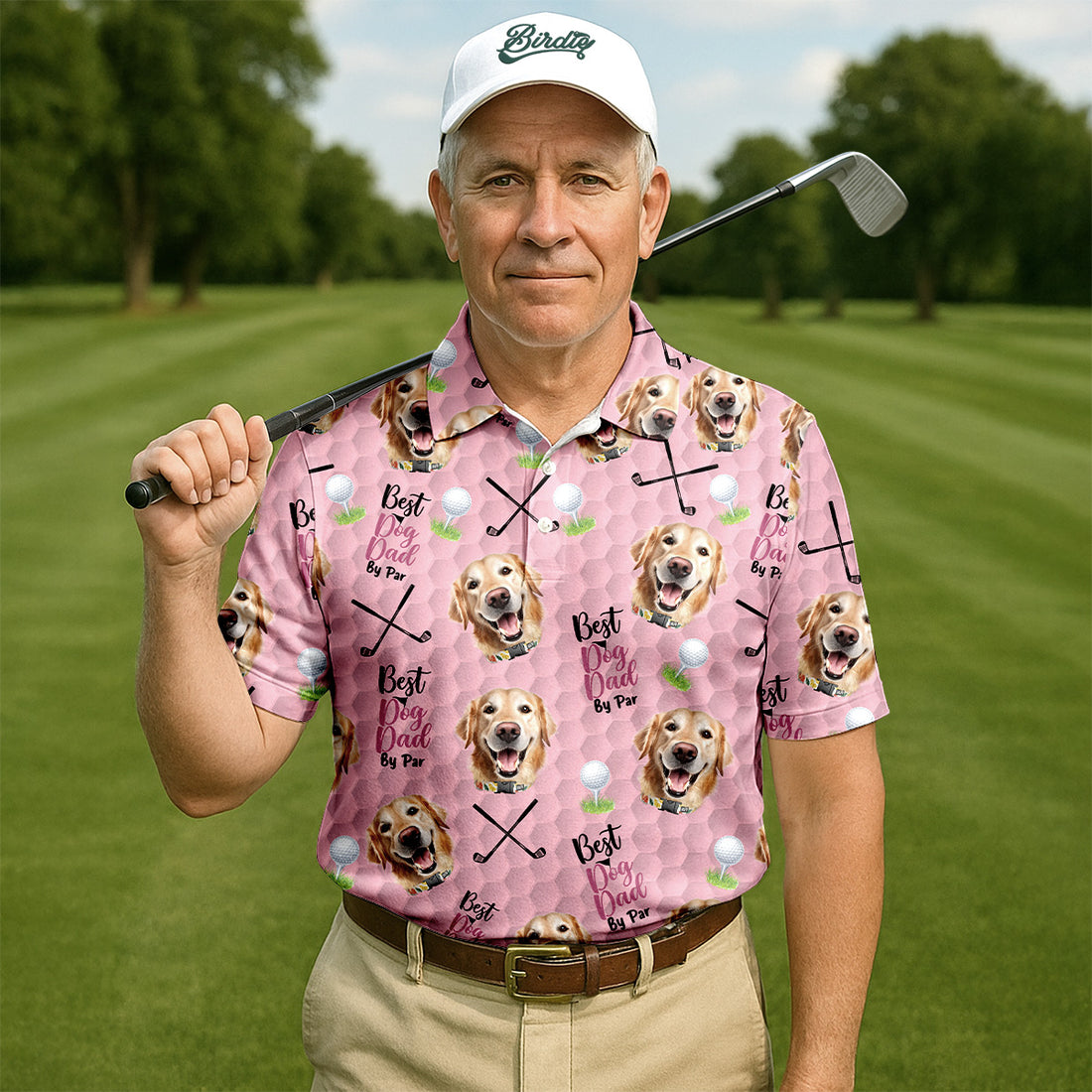 Best Dog Dad By Par Pink Custom Face Golf Shirt, Funny Golf Polo Shirt, Dad Golf Gifts