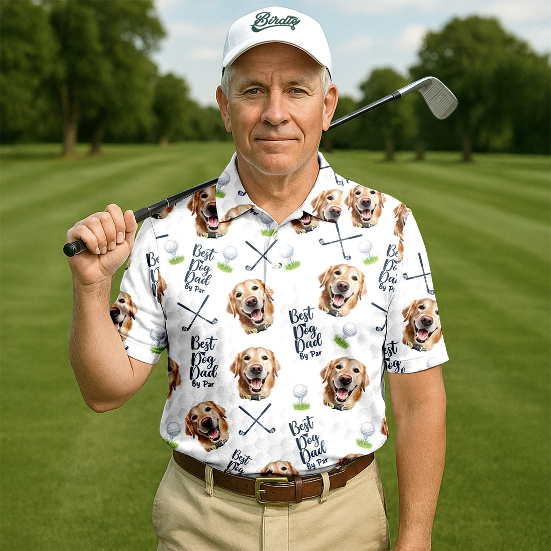 Best Dog Dad By Par White Custom Face Golf Shirt, Funny Golf Polo Shirt, Dad Golf Gift
