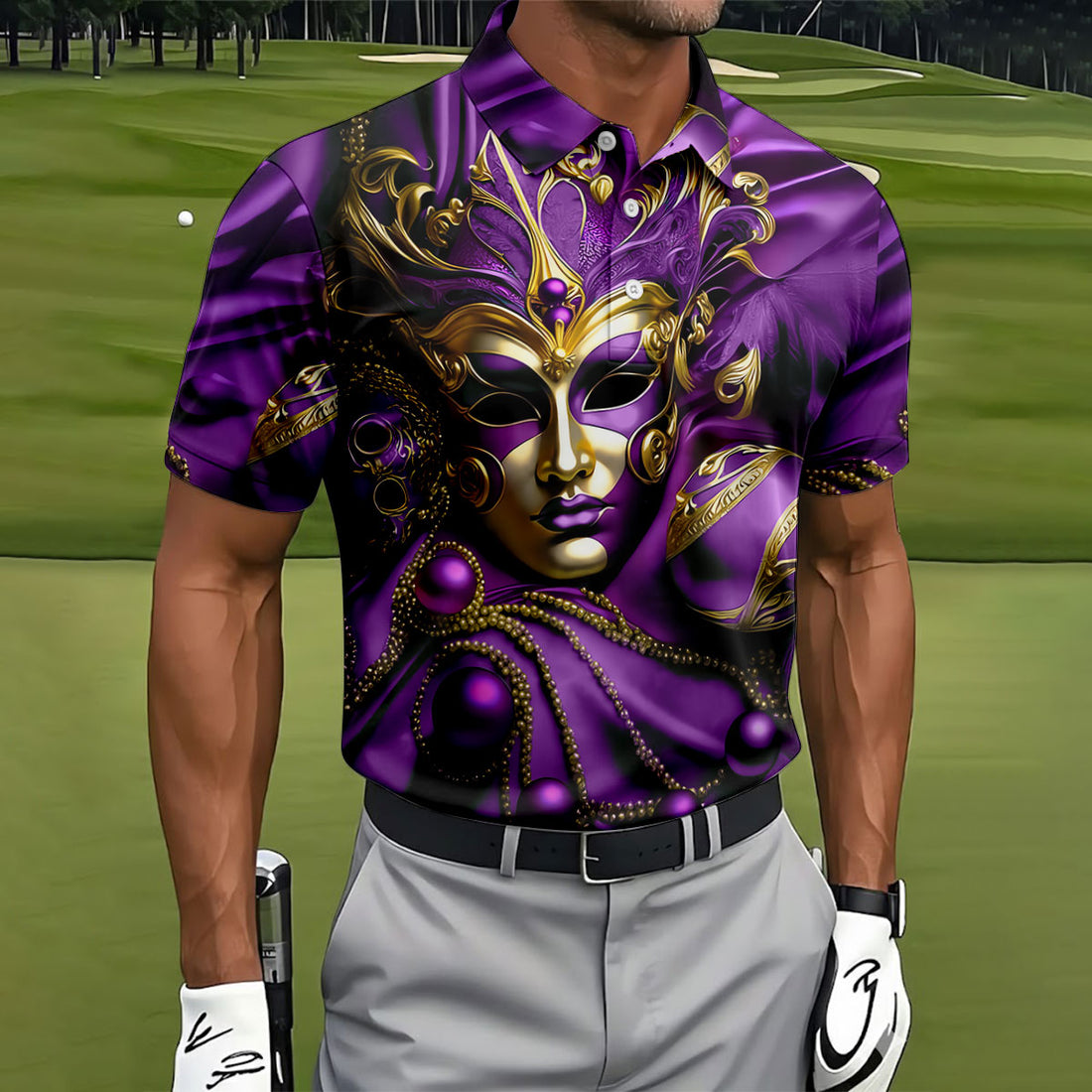 Mardi Gras Face Mask Purple Golf Shirt, Polo Shirts For Men, Golf Shirts For Men, Polo For Men