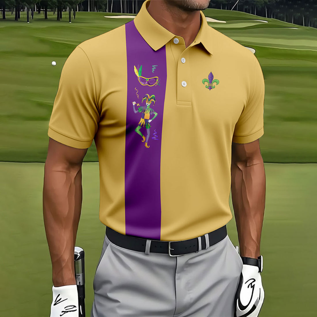 Mardi Gras Festival Jester Figure Fleur De Lis Symbol Yellow Golf Shirt, Polo Shirts For Men, Golf Shirts For Men