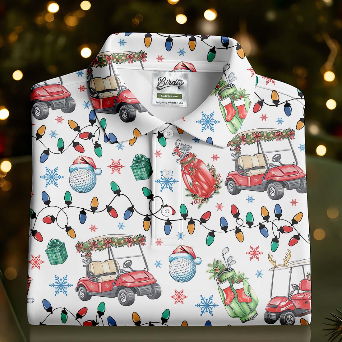 Golf Cart Christmas Lights Polo Shirts For Men, Christmas Golf Shirt, Golf Lover Xmas Gift