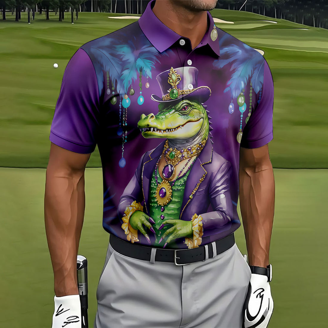 Mardi Gras Alligator Purple Golf Shirt, Men's Funny Golf Shirts, Polo Shirts For Men, Golf Shirts For Men