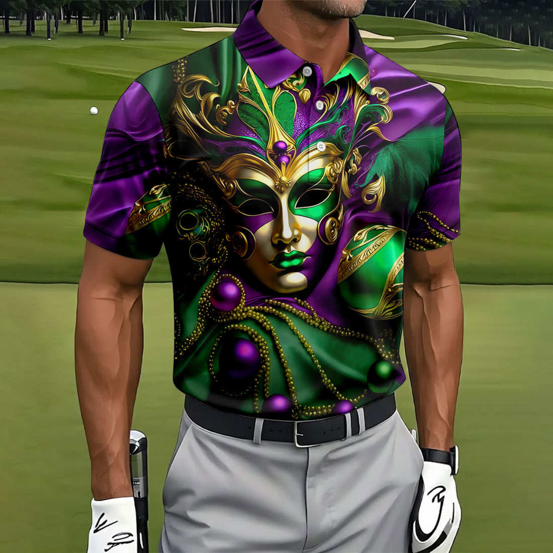 Mardi Gras Face Mask Purple Green Gold Polo Shirts For Men, Golf Shirts For Men, Polo For Men
