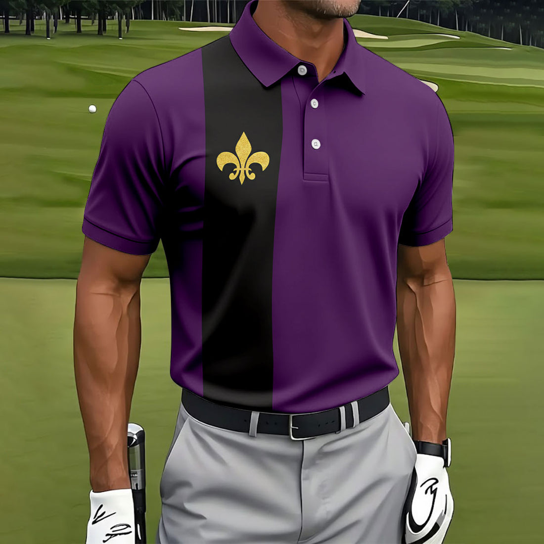 Mardi Gras Fleur De Lis Black Vertical Stripe Purple Golf Shirt, Polo Shirts For Men, Golf Shirts For Men