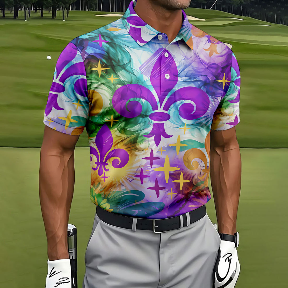 Mardi Gras Festival Fleur De Lis Symbol Purple Green Gold Polo Shirts For Men, Golf Shirts For Men