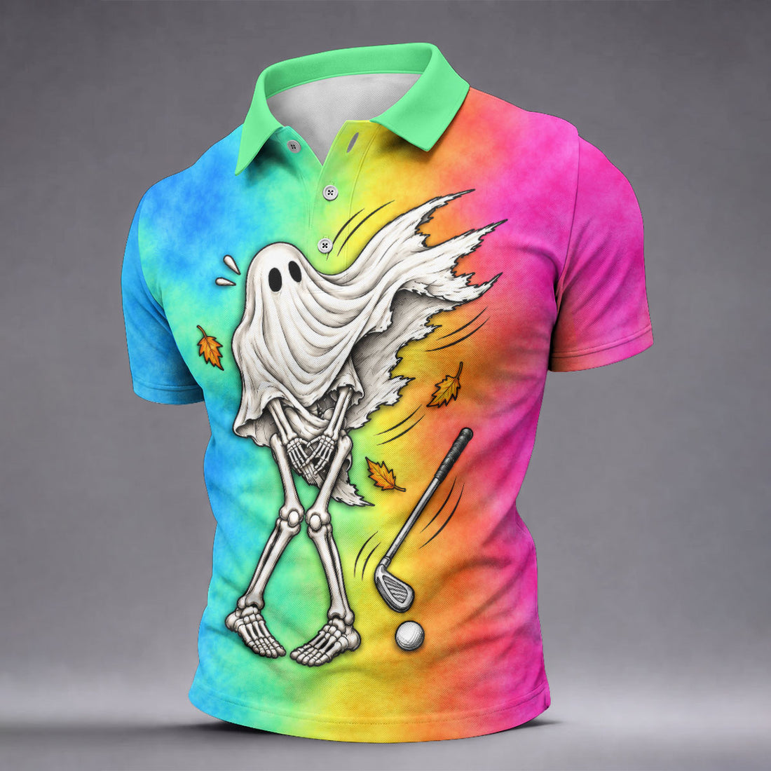 Windy Skeleton Ghost Golf Polo Shirt, Halloween Shirts For Men, Golf Polo Shirts For Men