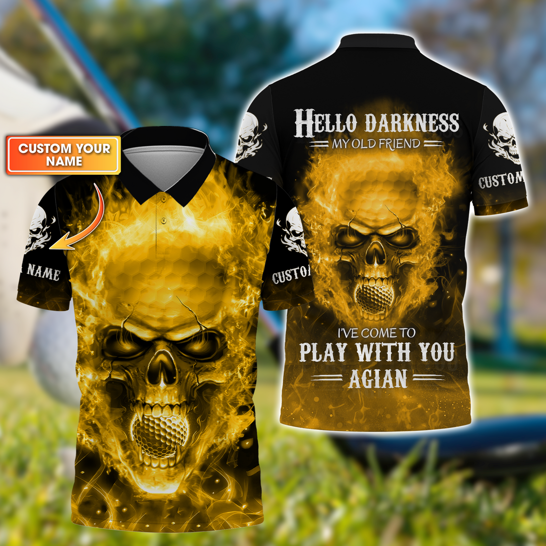 Hello Darkness My Old Fire Skull Golf Polo Shirt, Golf Apparel, Golf Gift For Men