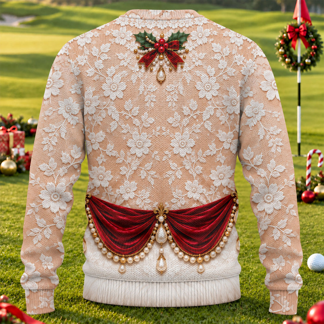 White Lace Pearls Ugly Christmas Sweater, Christmas Party Outfit, Funny Xmas Gift