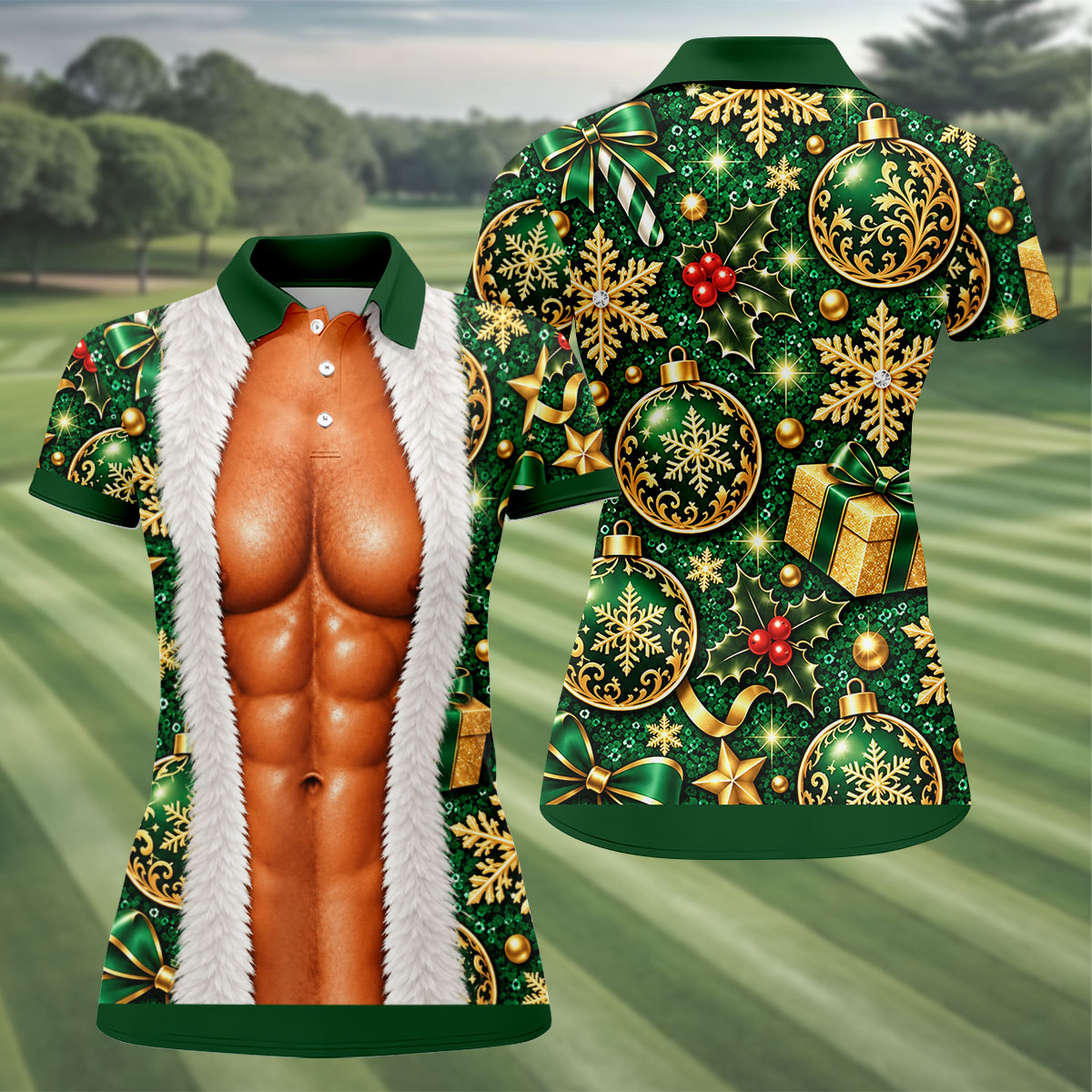 Green Fur Muscle Santa Christmas Golf Shirt, Womens Golf Shirts, Womens Golf Tops