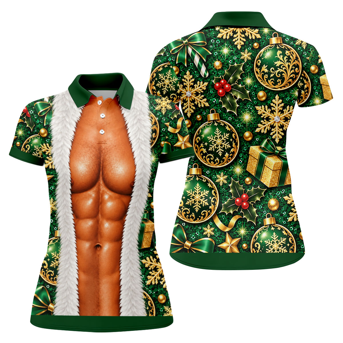 Green Fur Muscle Santa Christmas Golf Shirt, Womens Golf Shirts, Womens Golf Tops