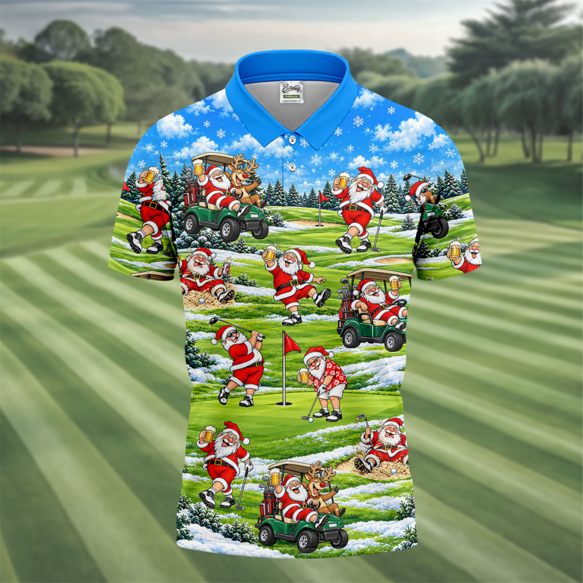 Santa Golf Course Pattern Christmas Golf Shirt, Golf Gifts For Men, Golf Polo For Men