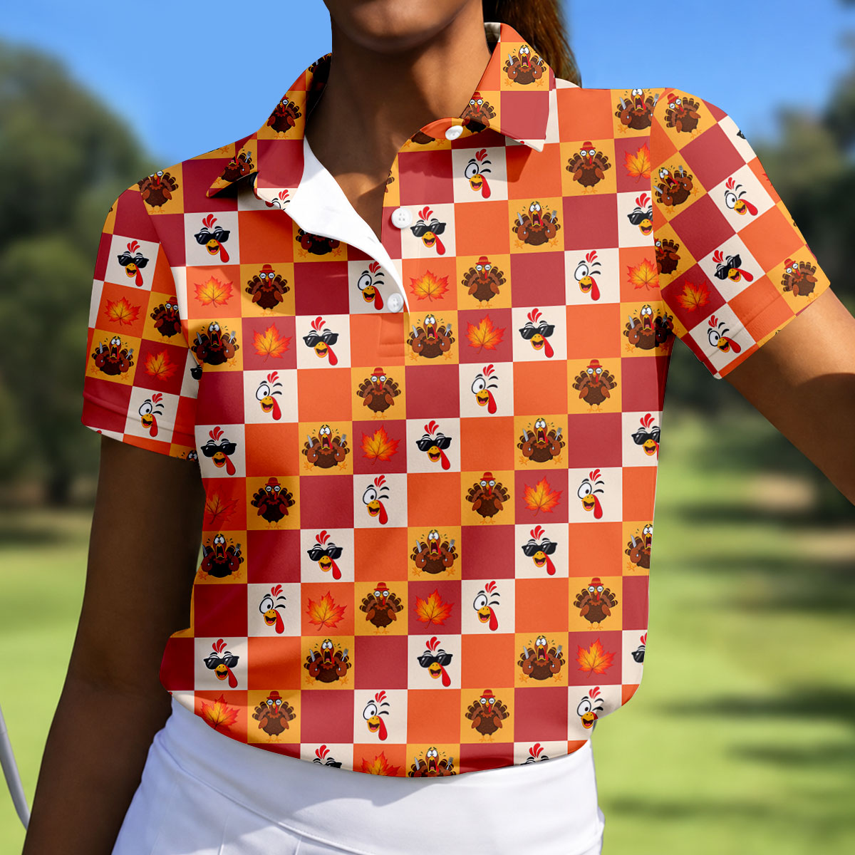 Thanksgiving Pumpkin Checker Turkey Golf Shirt, Womens Golf Tops, Ladies Golf Shirts