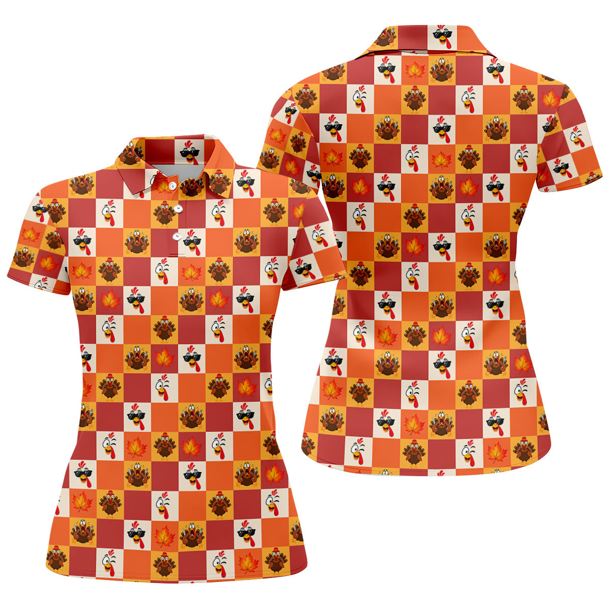 Thanksgiving Pumpkin Checker Turkey Golf Shirt, Womens Golf Tops, Ladies Golf Shirts
