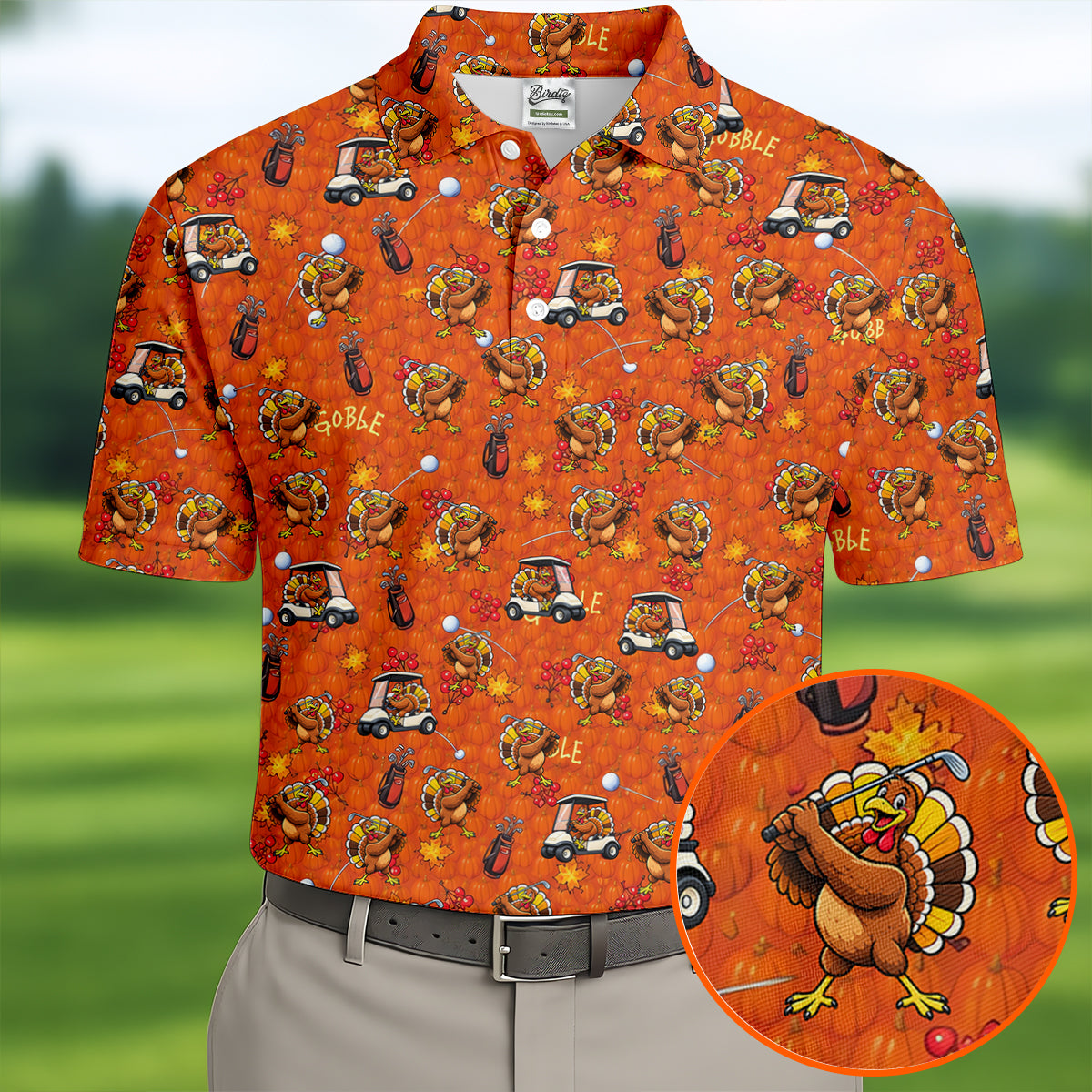 Thanksgiving Cartoon Turkey Golf Shirt, Golf Shirts For Men, Mens Holiday Golf Shirts