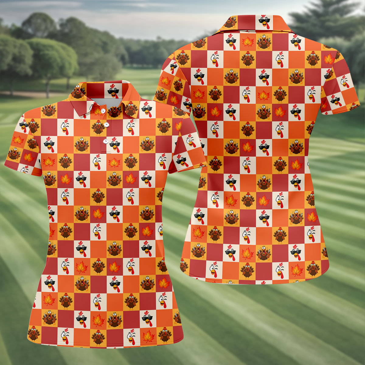 Thanksgiving Pumpkin Checker Turkey Golf Shirt, Womens Golf Tops, Ladies Golf Shirts