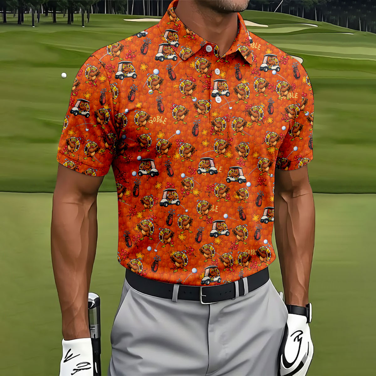 Thanksgiving Cartoon Turkey Golf Shirt, Golf Shirts For Men, Mens Holiday Golf Shirts