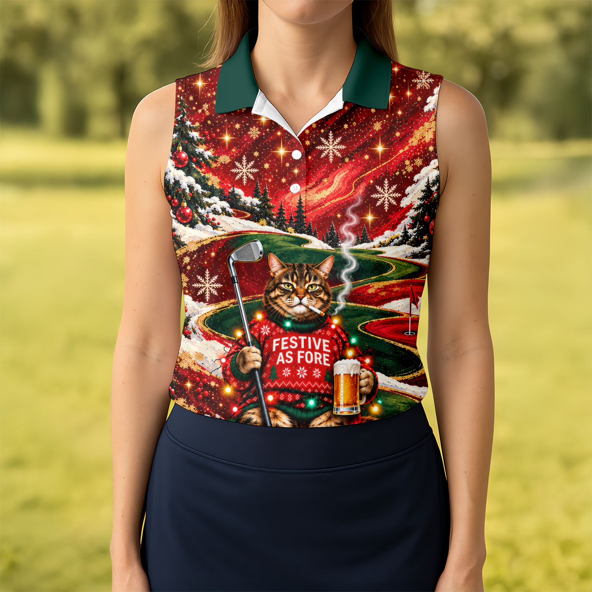 Funny Cat Beer Snow Christmas Golf Shirt, Womens Golf Tops, Golf Shirts For Women