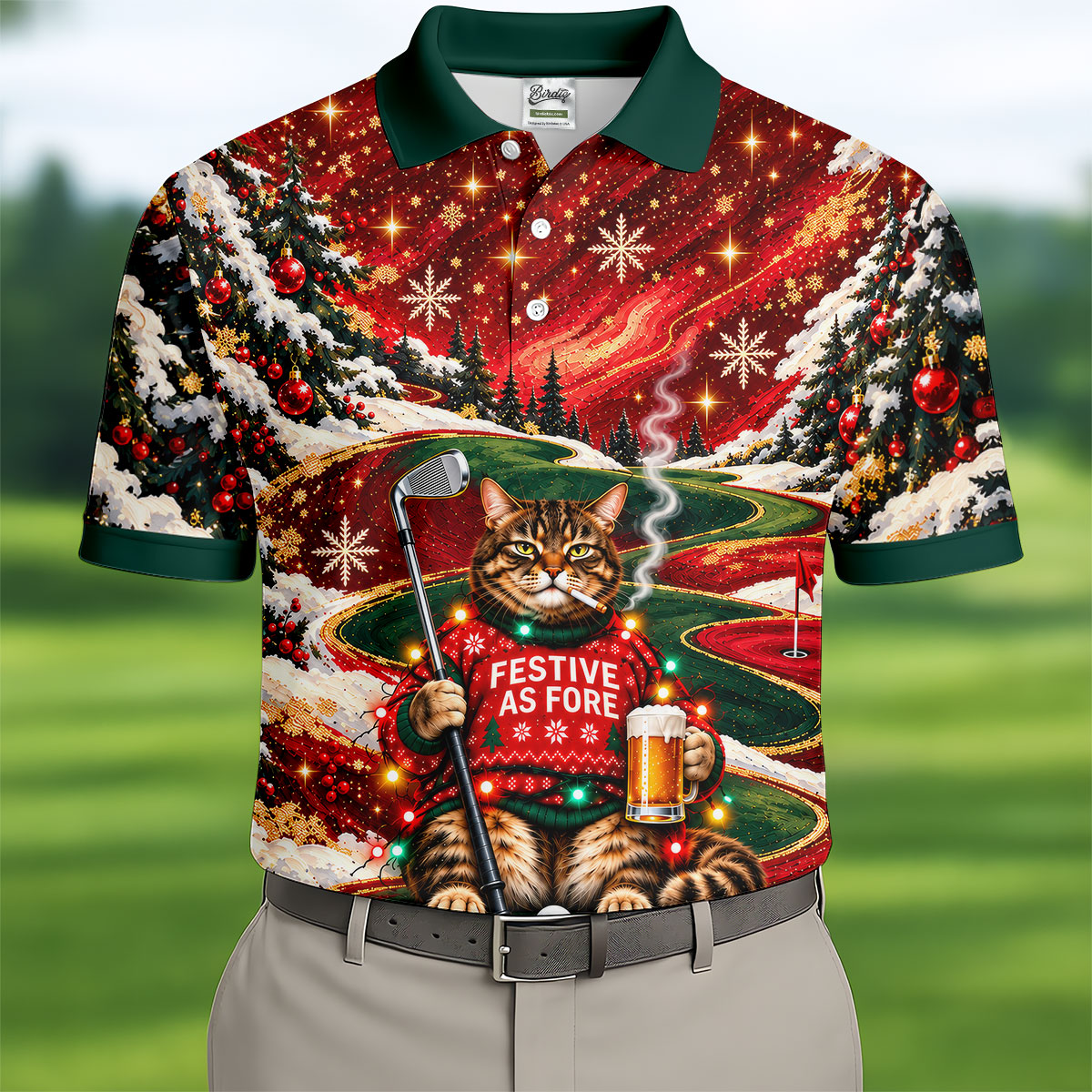 Cat Beer Snow Christmas Golf Shirt, Golf Shirts For Men, Mens Holiday Golf Shirts