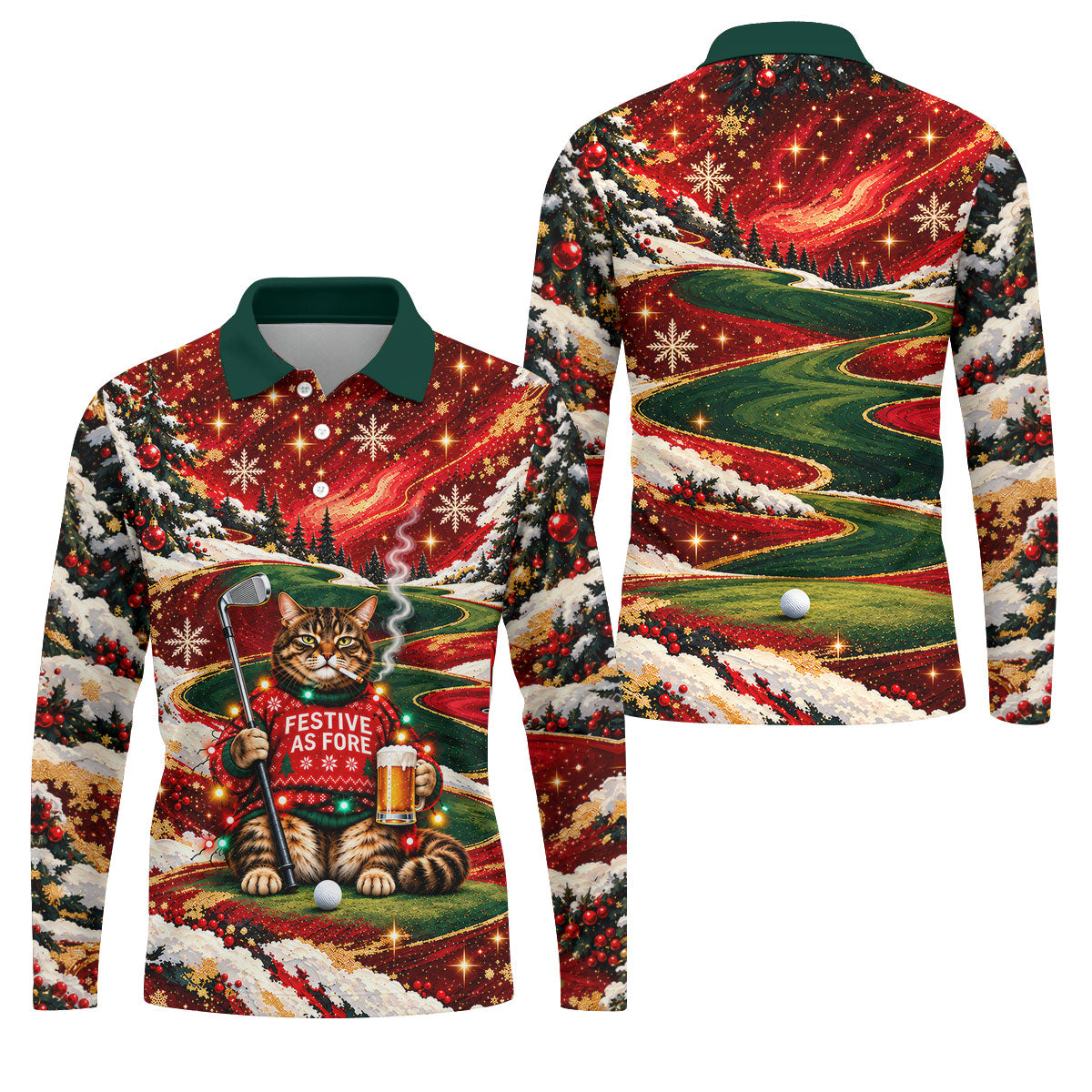 Cat Beer Snow Christmas Golf Shirt, Golf Shirts For Men, Mens Holiday Golf Shirts
