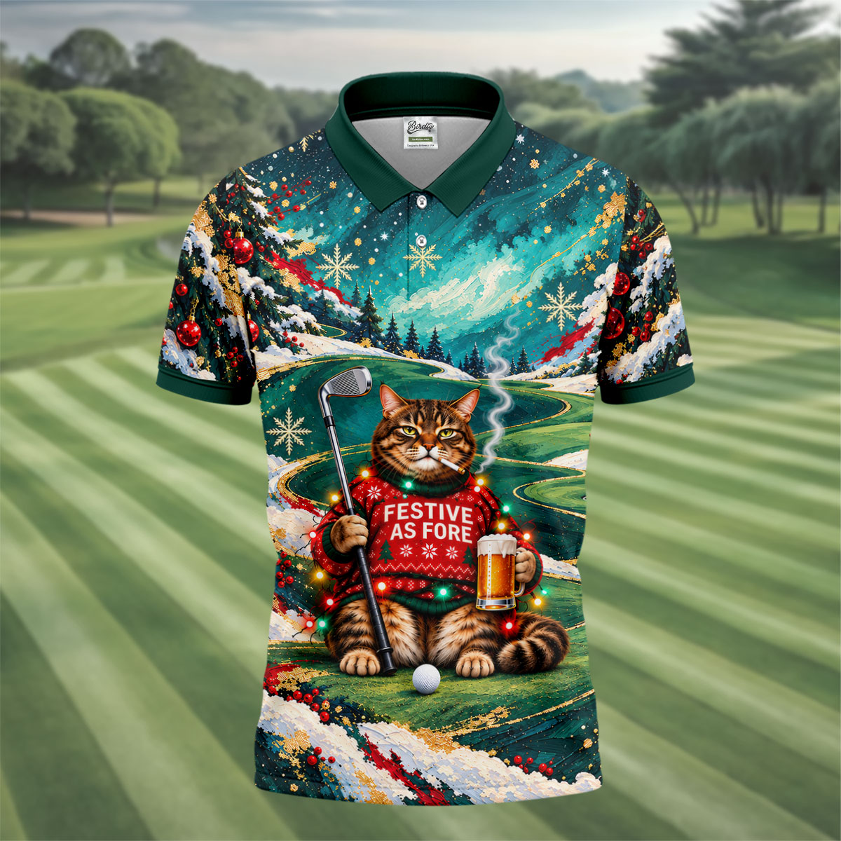 Aurora Cat Beer Christmas Golf Shirt, Mens Golf Shirts, Mens Holiday Golf Shirts