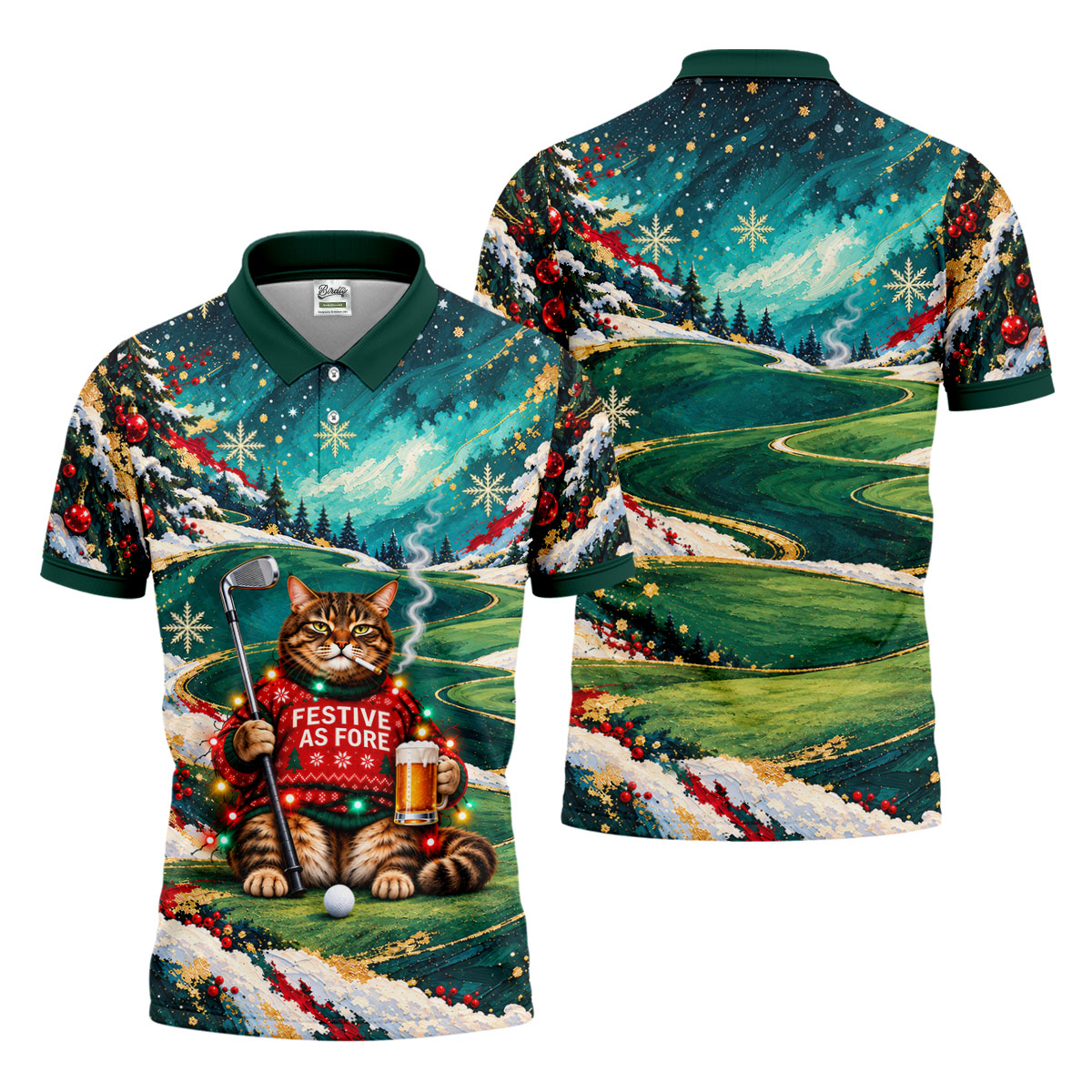 Aurora Cat Beer Christmas Golf Shirt, Mens Golf Shirts, Mens Holiday Golf Shirts