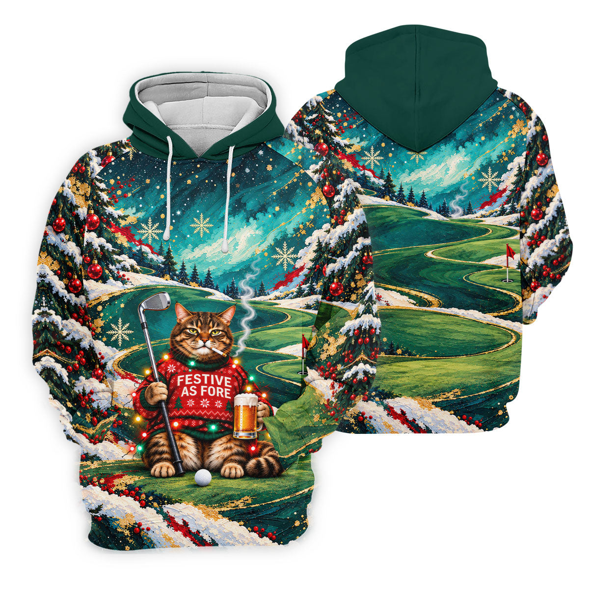 Aurora Cat Beer Christmas Golf Shirt, Mens Golf Shirts, Mens Holiday Golf Shirts