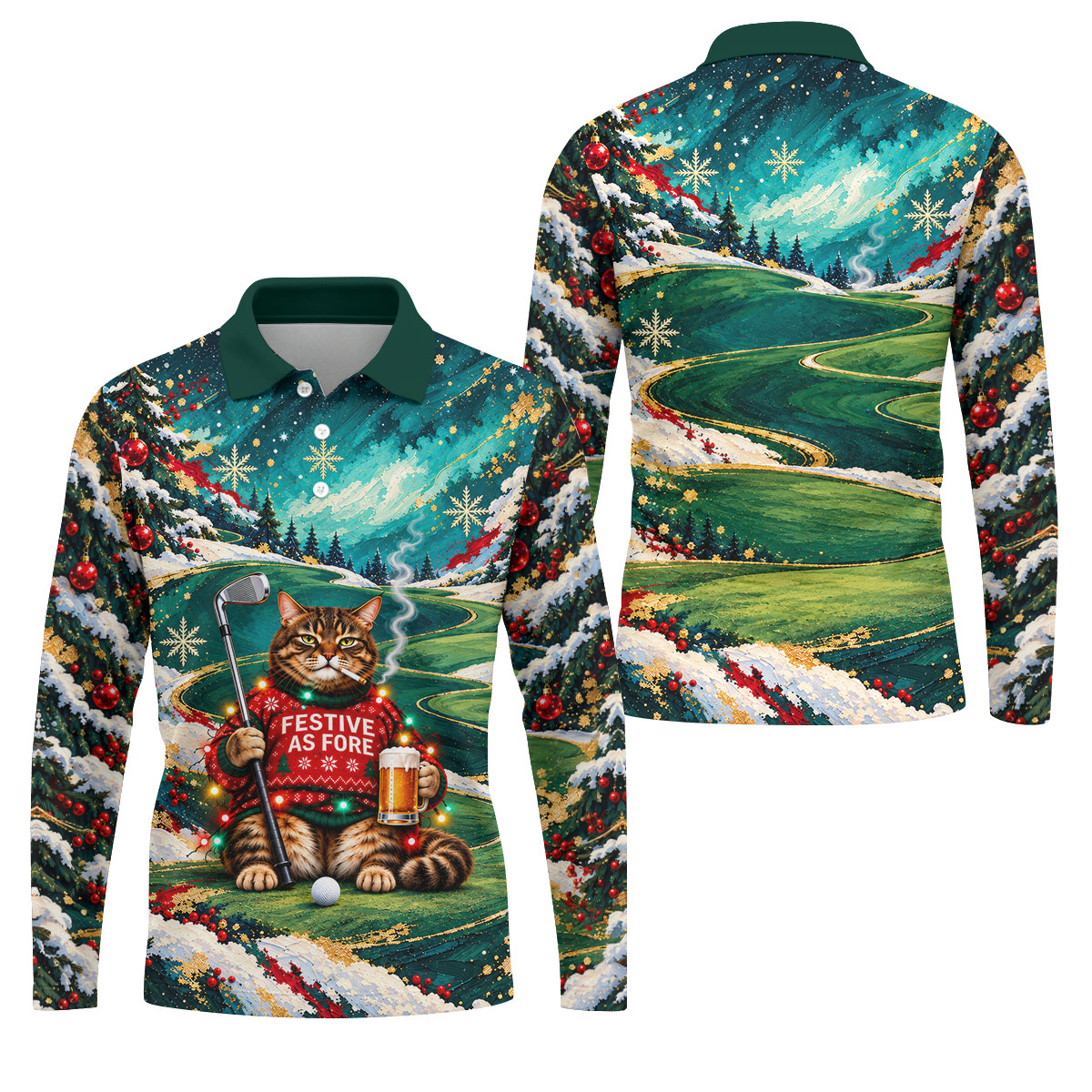 Aurora Cat Beer Christmas Golf Shirt, Mens Golf Shirts, Mens Holiday Golf Shirts