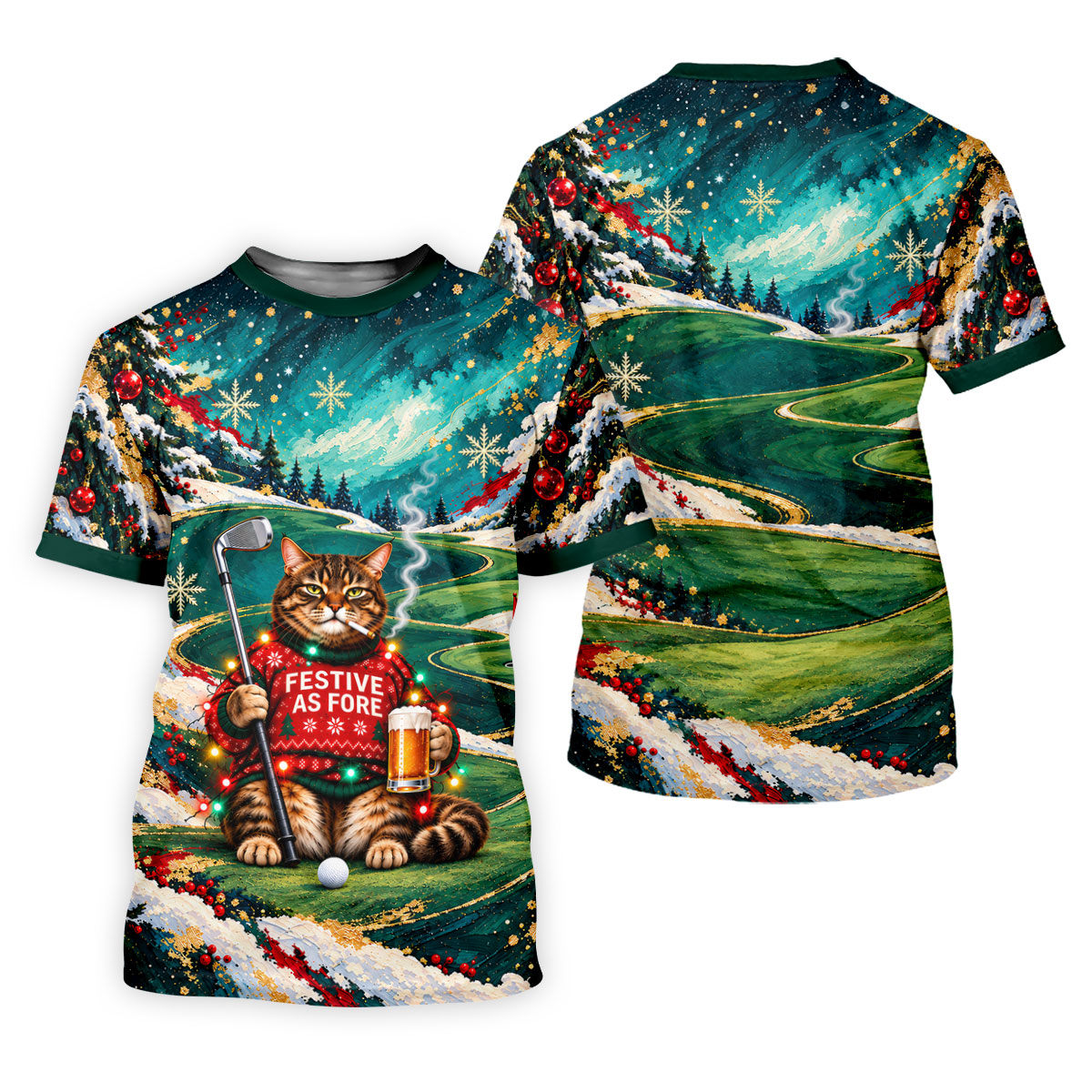 Aurora Cat Beer Christmas Golf Shirt, Mens Golf Shirts, Mens Holiday Golf Shirts