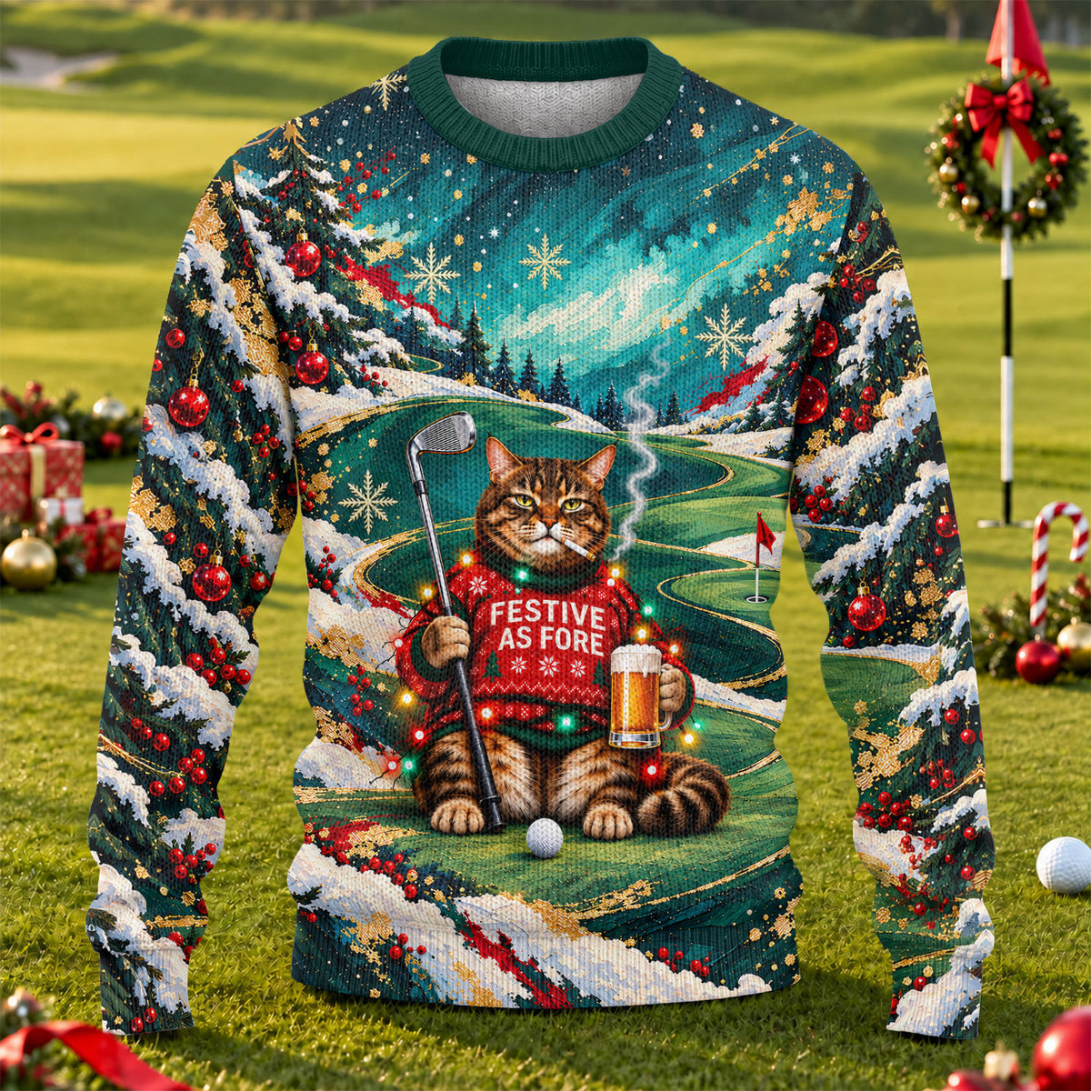 Ugly Christmas Sweater Aurora Cat Beer, Ugly Sweater Party, Holiday Party Sweater