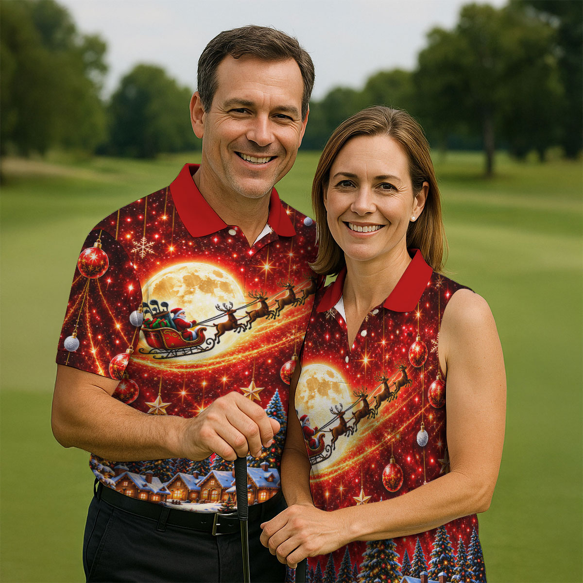 Santa Sleigh Comet Christmas Golf Shirt, Mens Golf Polo, Mens Holiday Golf Shirts