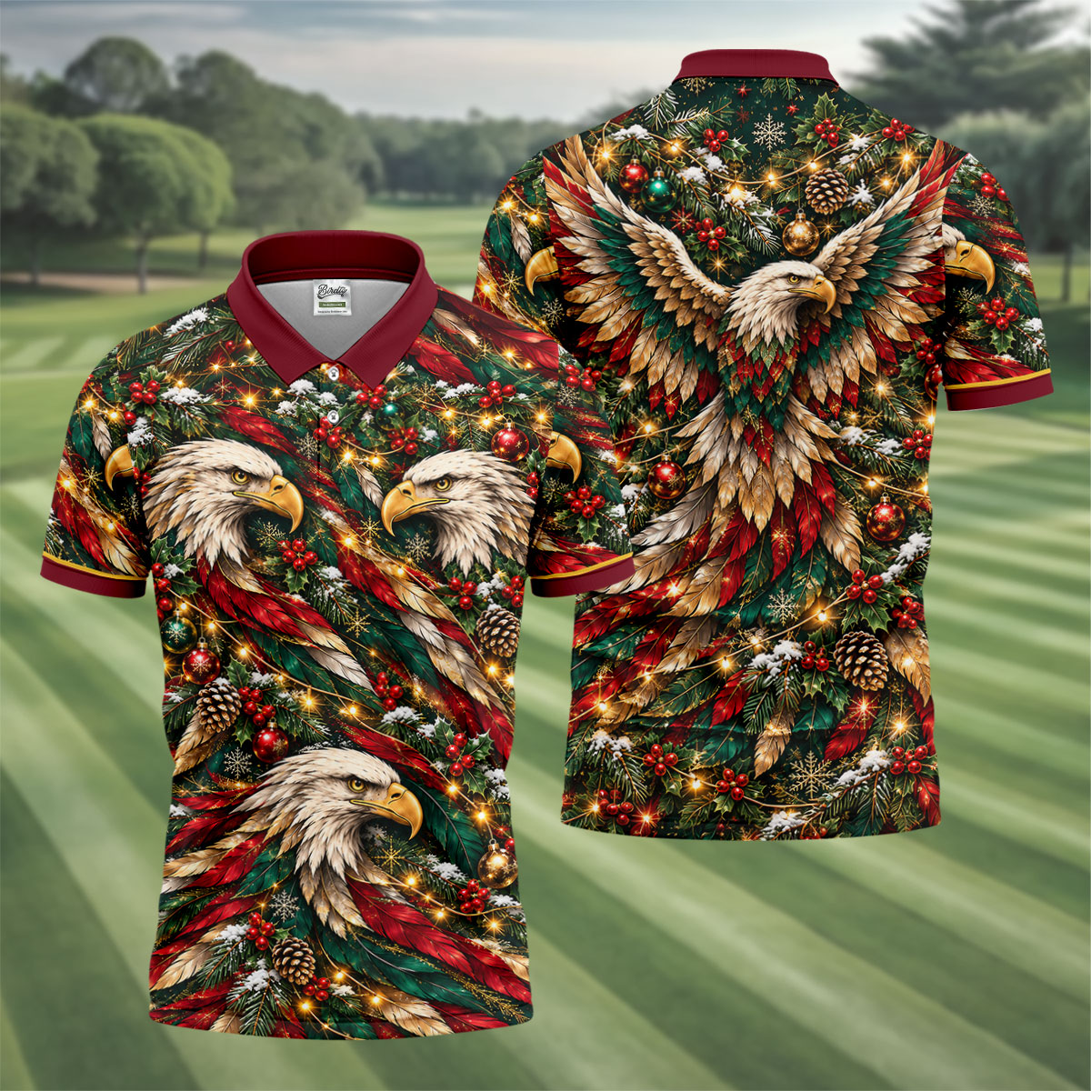 Eagle Pattern Christmas Golf Shirt, Golf Gifts For Men, Mens Holiday Golf Shirts