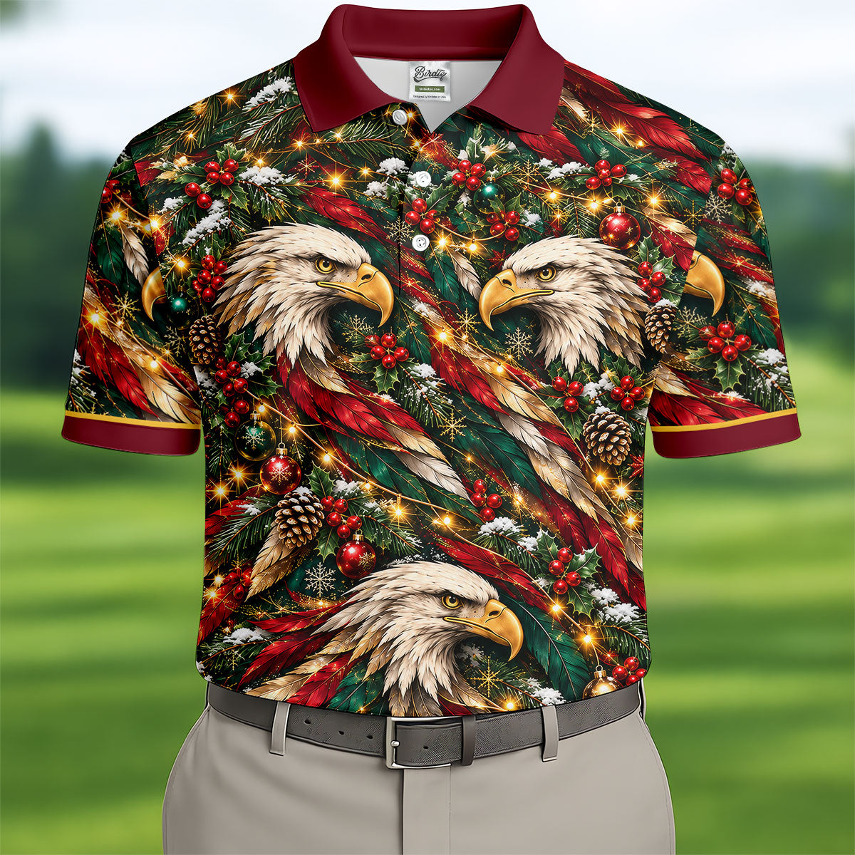 Eagle Pattern Christmas Golf Shirt, Golf Gifts For Men, Mens Holiday Golf Shirts
