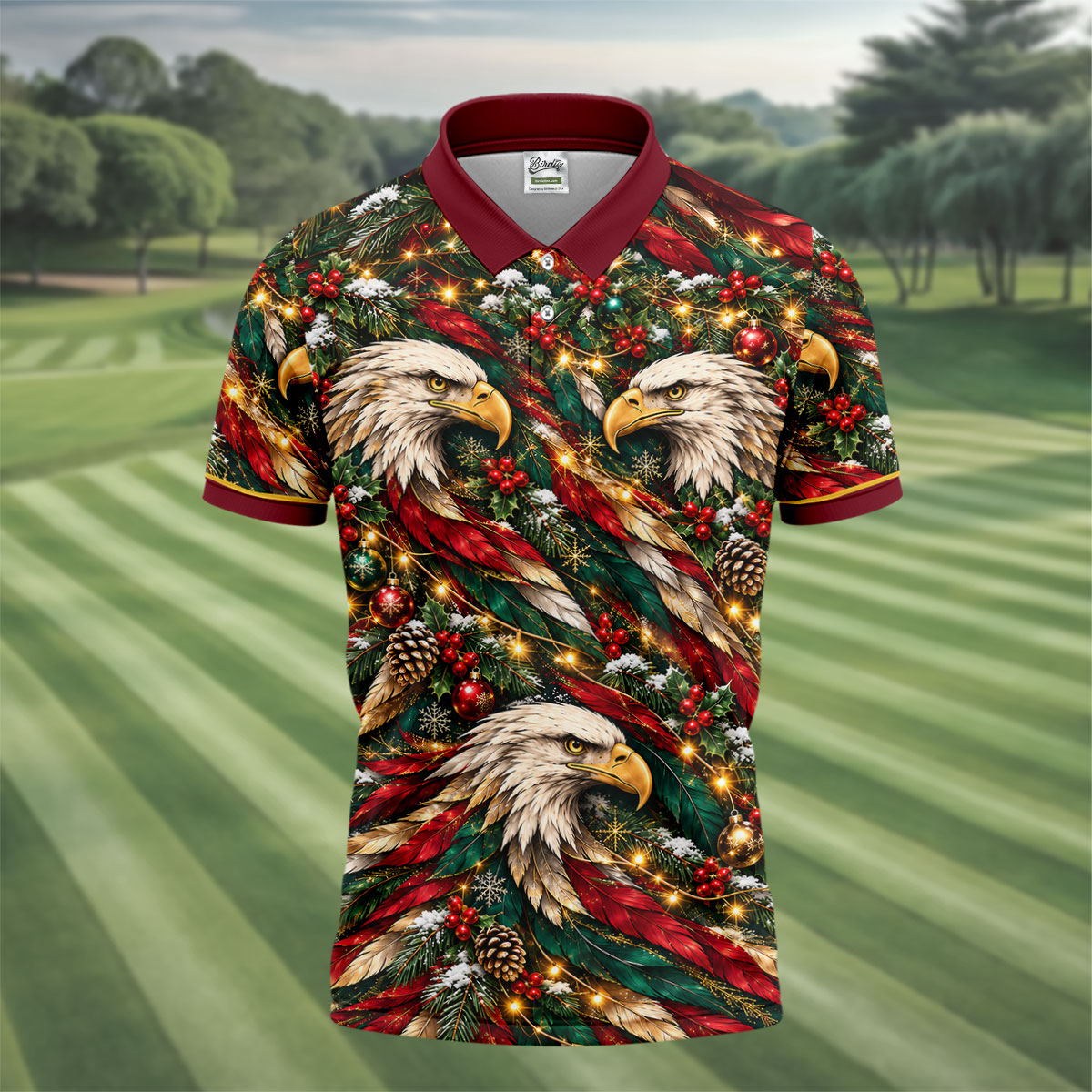 Eagle Pattern Christmas Golf Shirt, Golf Gifts For Men, Mens Holiday Golf Shirts