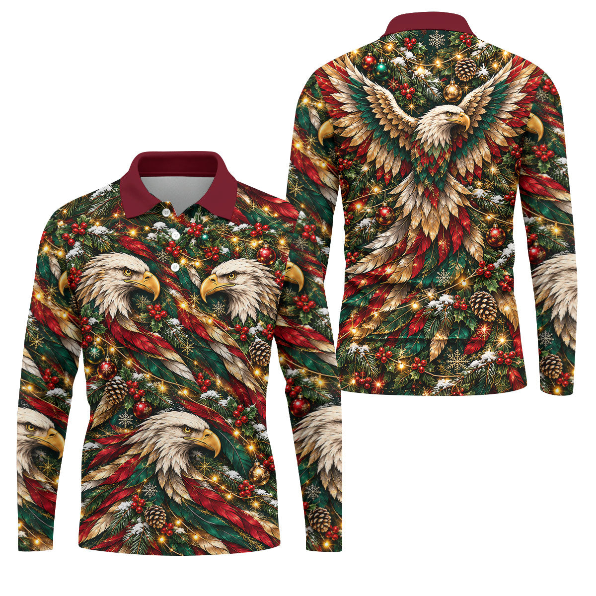 Eagle Pattern Christmas Golf Shirt, Golf Gifts For Men, Mens Holiday Golf Shirts