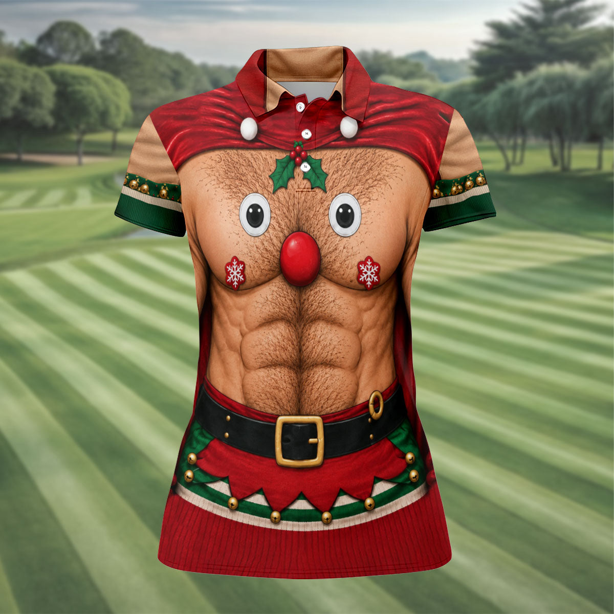 Reindeer Hairy Chest Abs Christmas Golf Shirt, Womens Golf Tops, Golf Gifts For Women