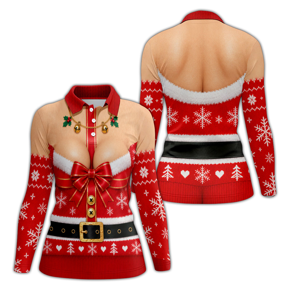 Busty Mrs Claus Red Bow Christmas Golf Shirt, Ladies Golf Tops, Golf Shirts For Women