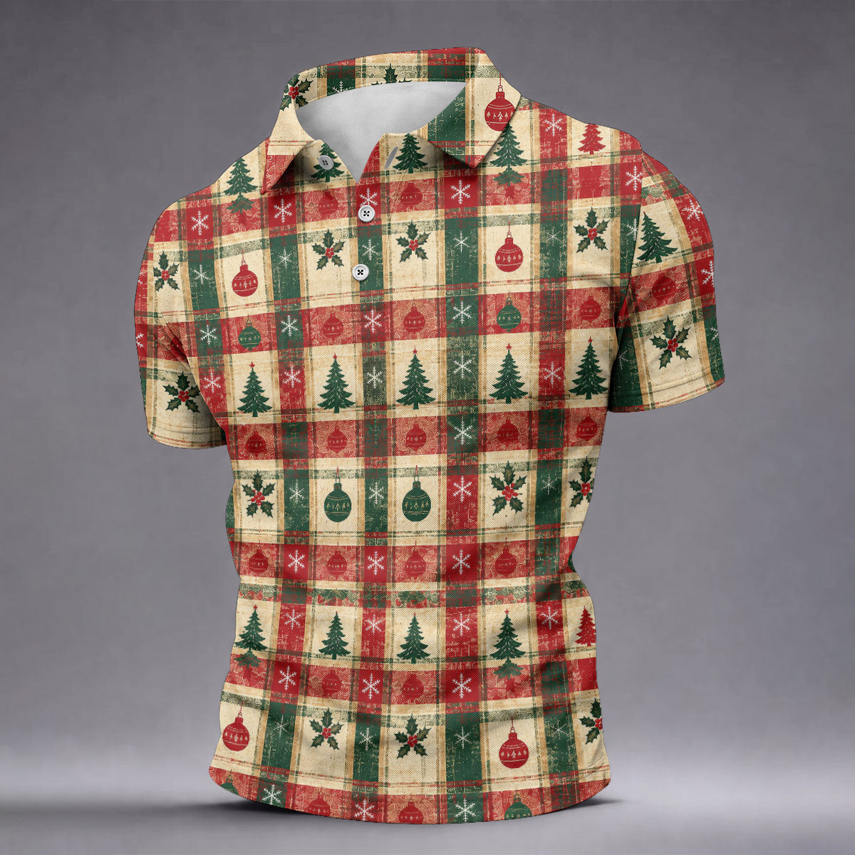 Tree Patchwork Plaid Christmas Golf Shirt, Golf Shirts For Men, Mens Golf Apparel