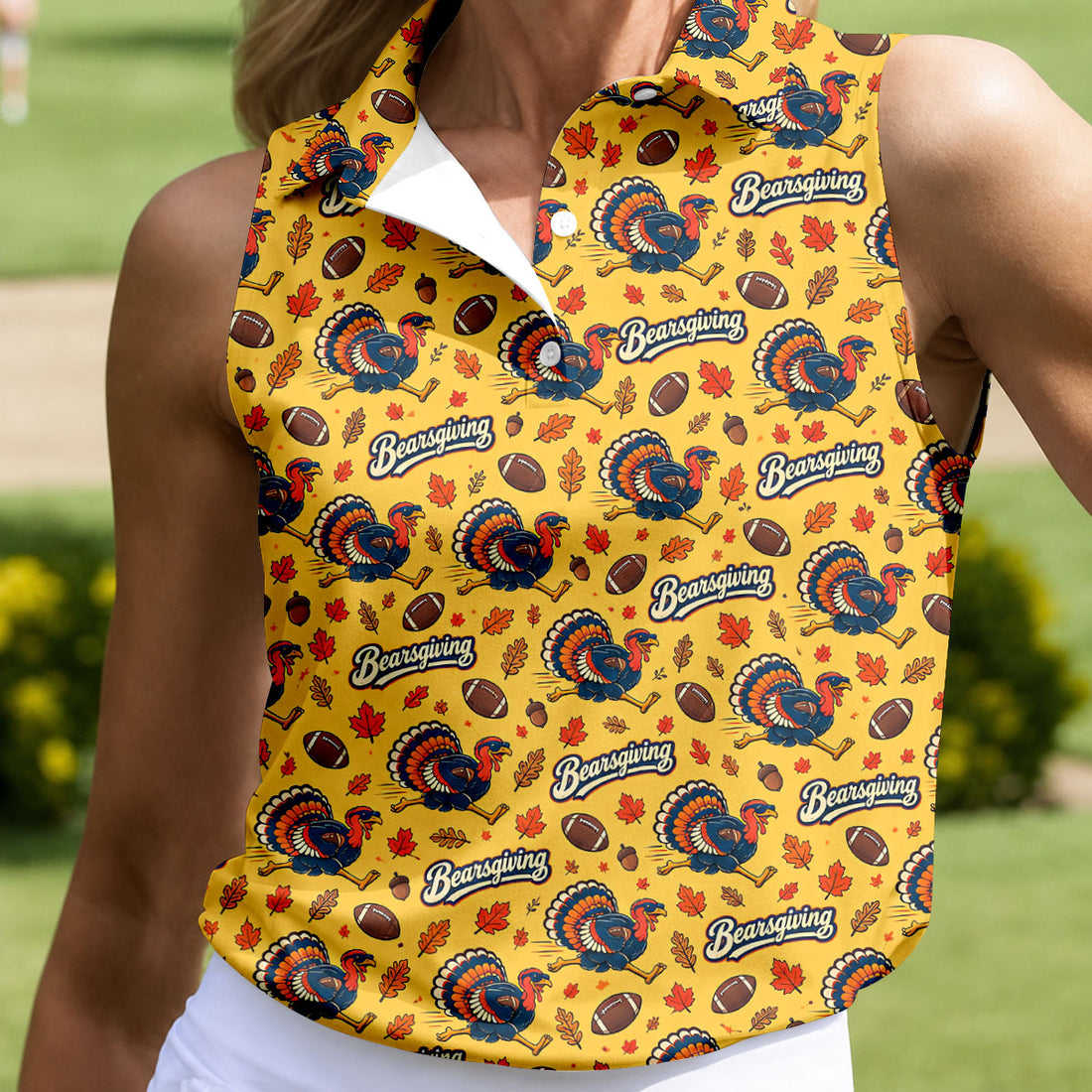 Yellow Turkey Leaves Thanksgiving Golf Shirt, Ladies Golf Shirts, Womens Golf Apparel