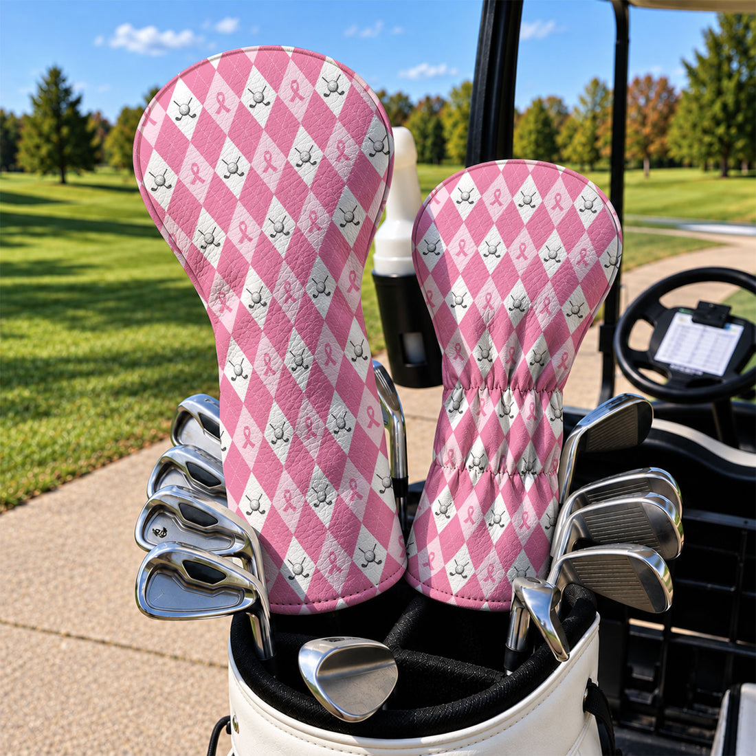 Pink Argyle Breast Cancer Ribbon Golf Headcover, Cancer Awareness Gift, Gift For Her