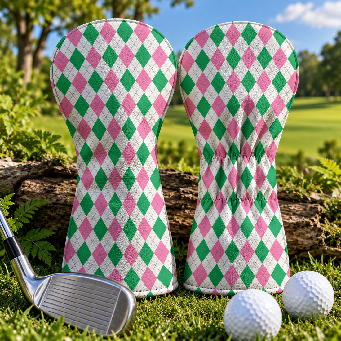 Green Pink Argyle Golf Head Cover, Golf Accessories For Women, Cute Golf Head Cover