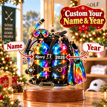Custom Name Rainbow Scuba Gear Acrylic Ornament, Christmas Ornaments, Diving Gifts