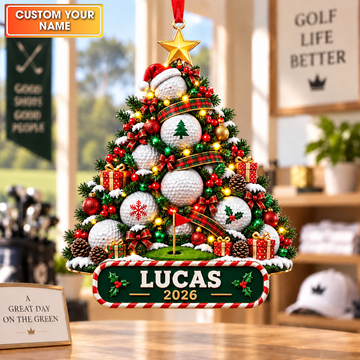 Custom Name Year Golf Ball Tree Acrylic Ornament, Christmas Tree Decor, Golf Gifts
