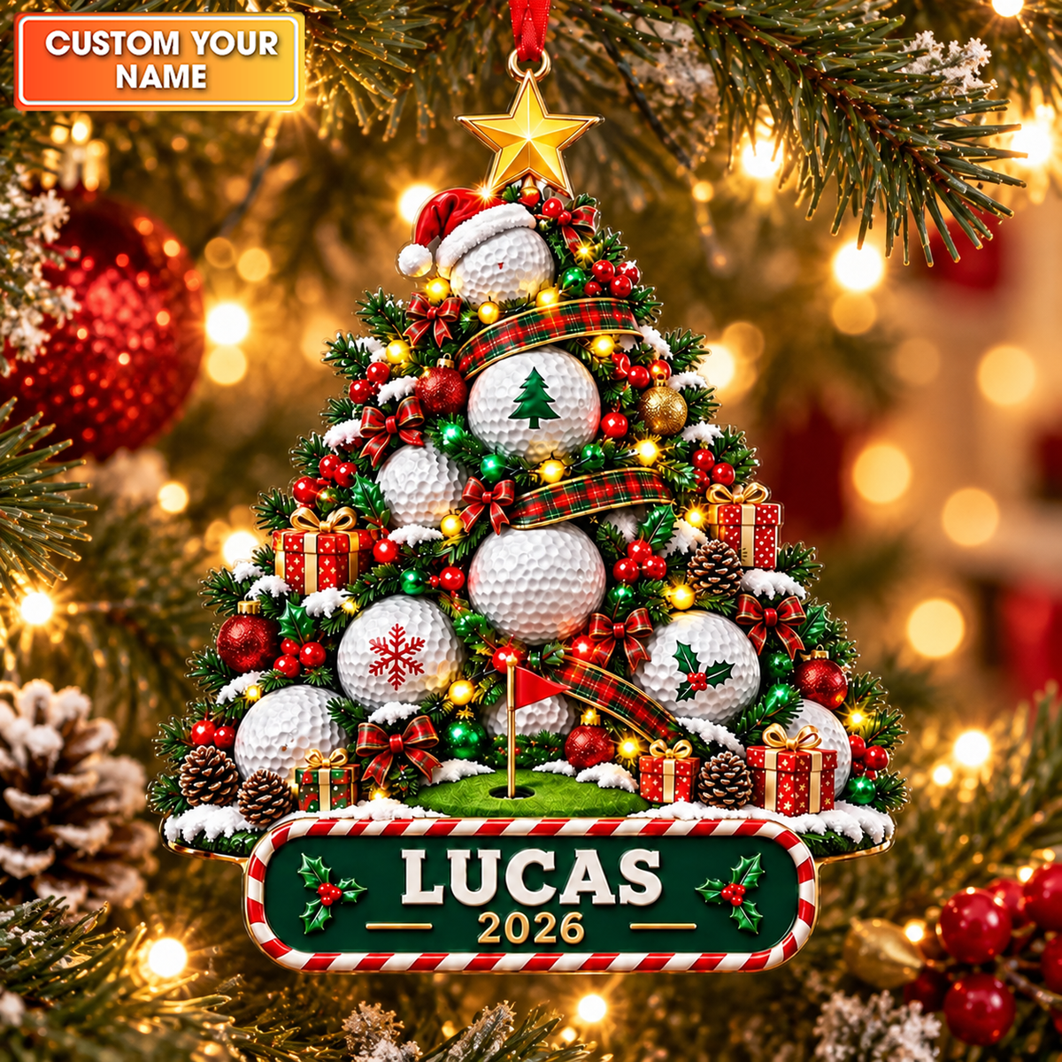 Custom Name Year Golf Ball Tree Acrylic Ornament, Christmas Tree Decor, Golf Gifts