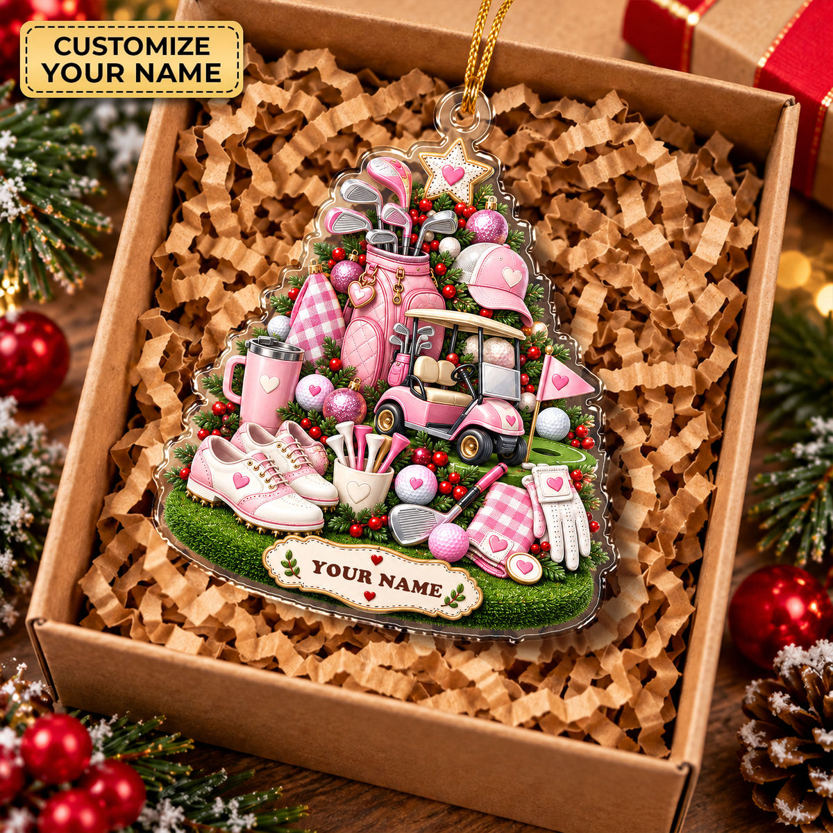Custom Name Pink Golf Gear Tree Acrylic Ornament, Christmas Tree Decor, Golf Gifts