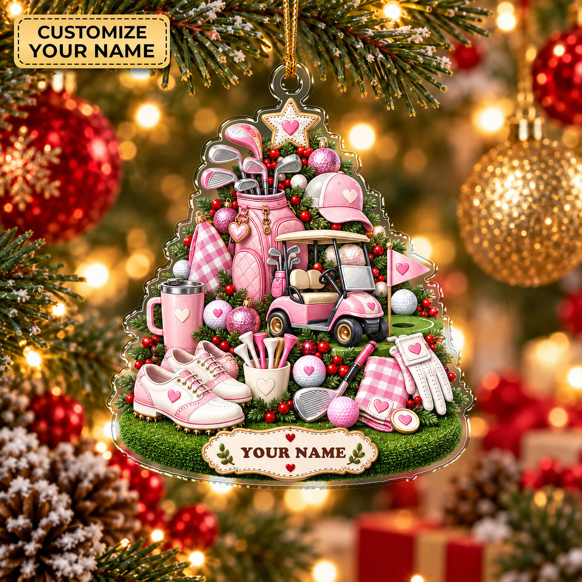Custom Name Pink Golf Gear Tree Acrylic Ornament, Christmas Tree Decor, Golf Gifts