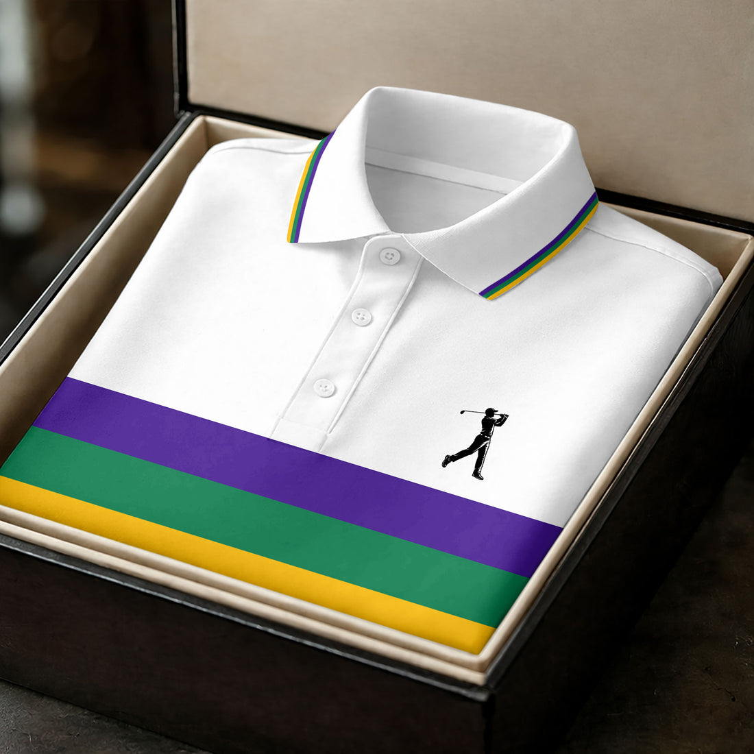 Mardi Gras Purple Green Gold Horizontal Stripes White Golf Shirt, Golf Tops For Men, Polo Shirts For Men