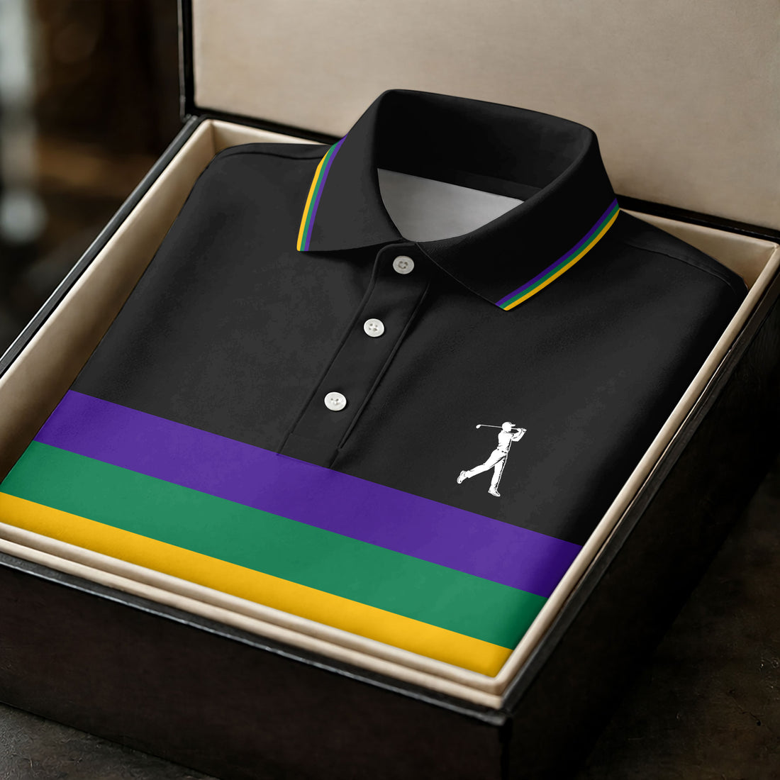 Mardi Gras Purple Green Gold Horizontal Stripes Black Golf Shirt, Golf Tops For Men, Polo Shirts For Men