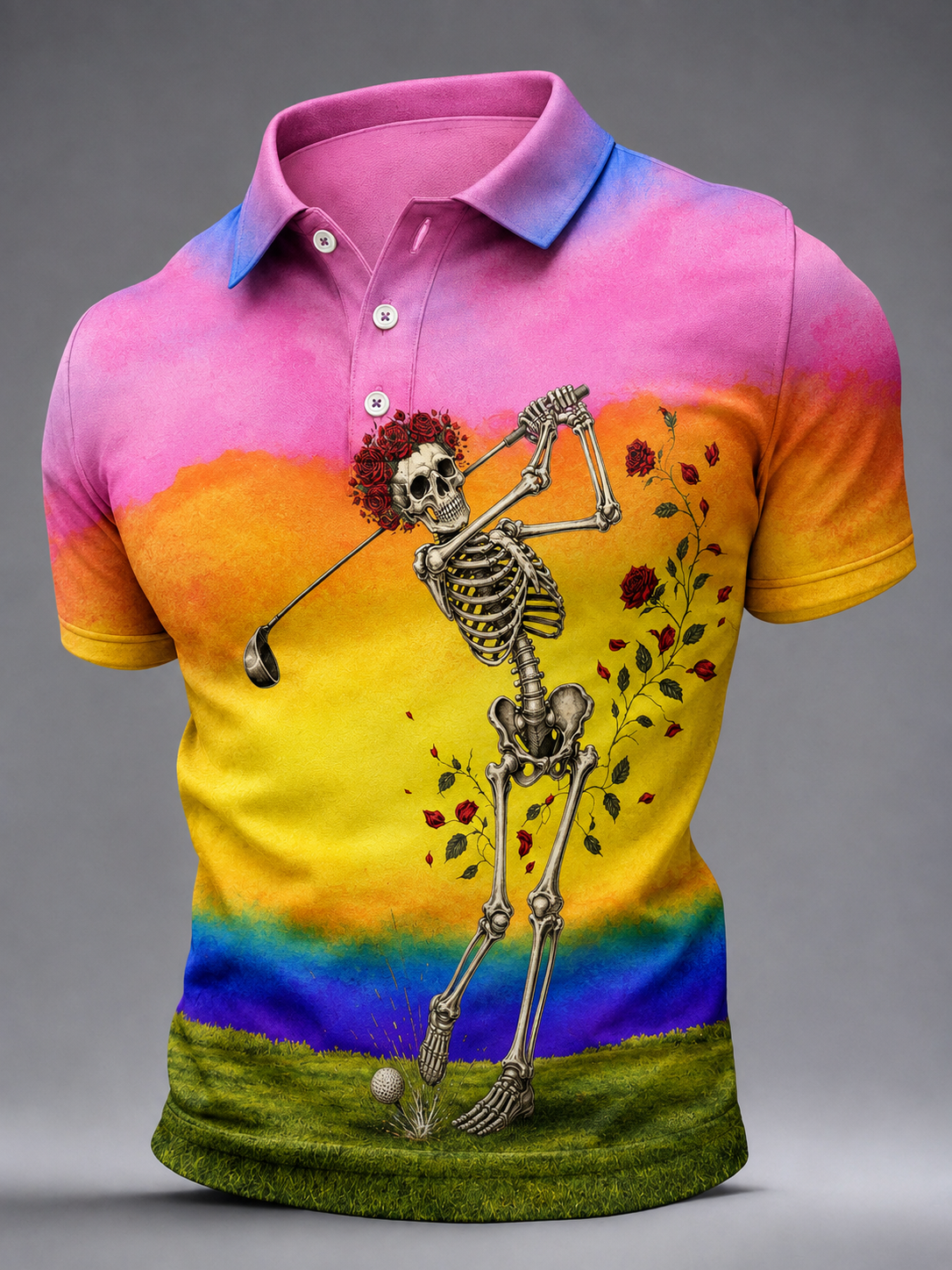 Rainbow Rose Skeleton Golfer Golf Polo Shirt, Mens Golf Shirts, Hawaiian Golf Shirt