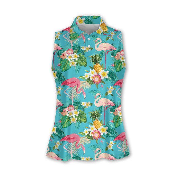 Flamingo Tropical Sleeveless Polo Shirt Womens, Women's Hawaiian Golf Shirts, Sleeveless Womens Golf Shirts